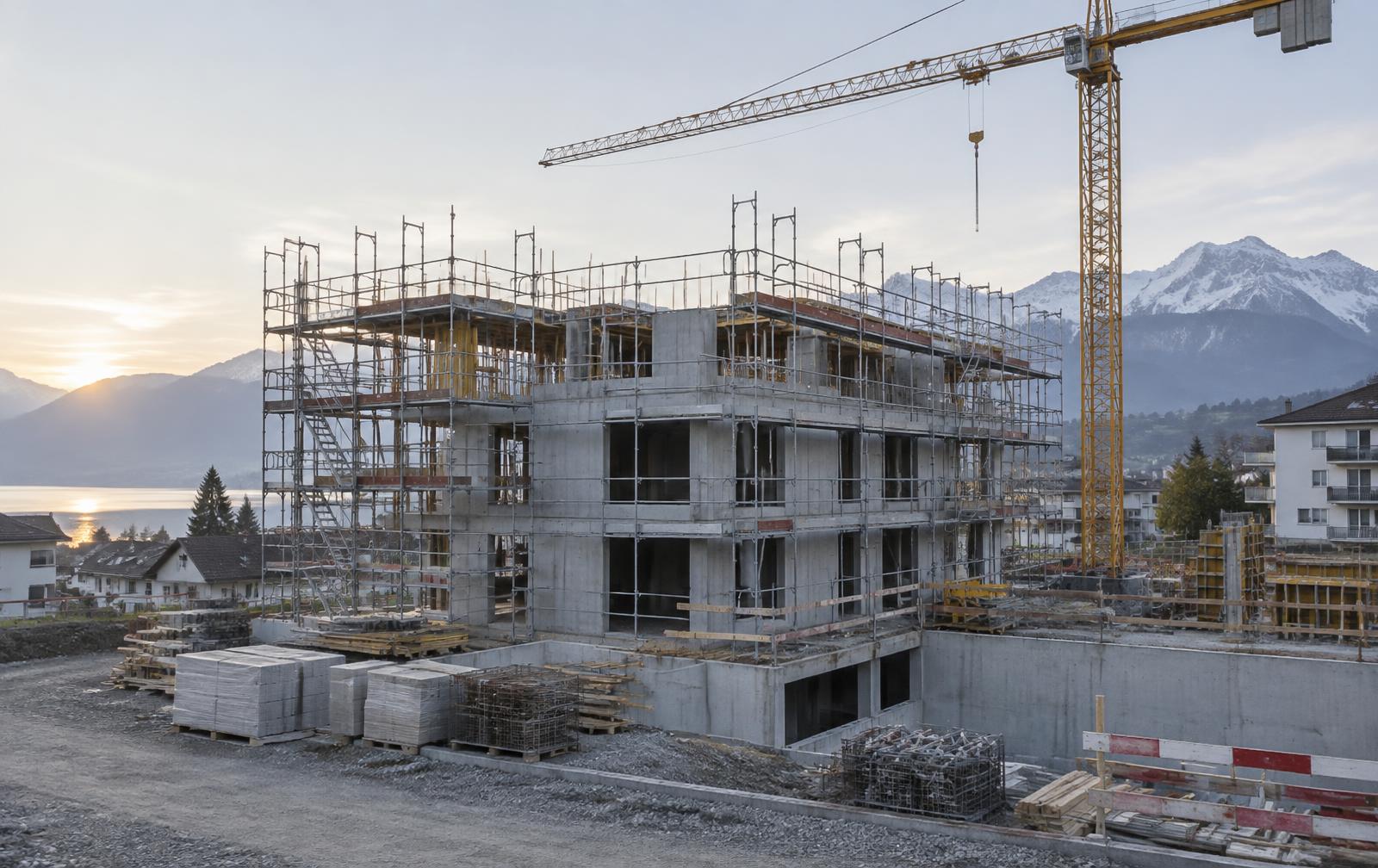 Baustelle eines Mehrfamilienhauses in einer frühen Bauphase