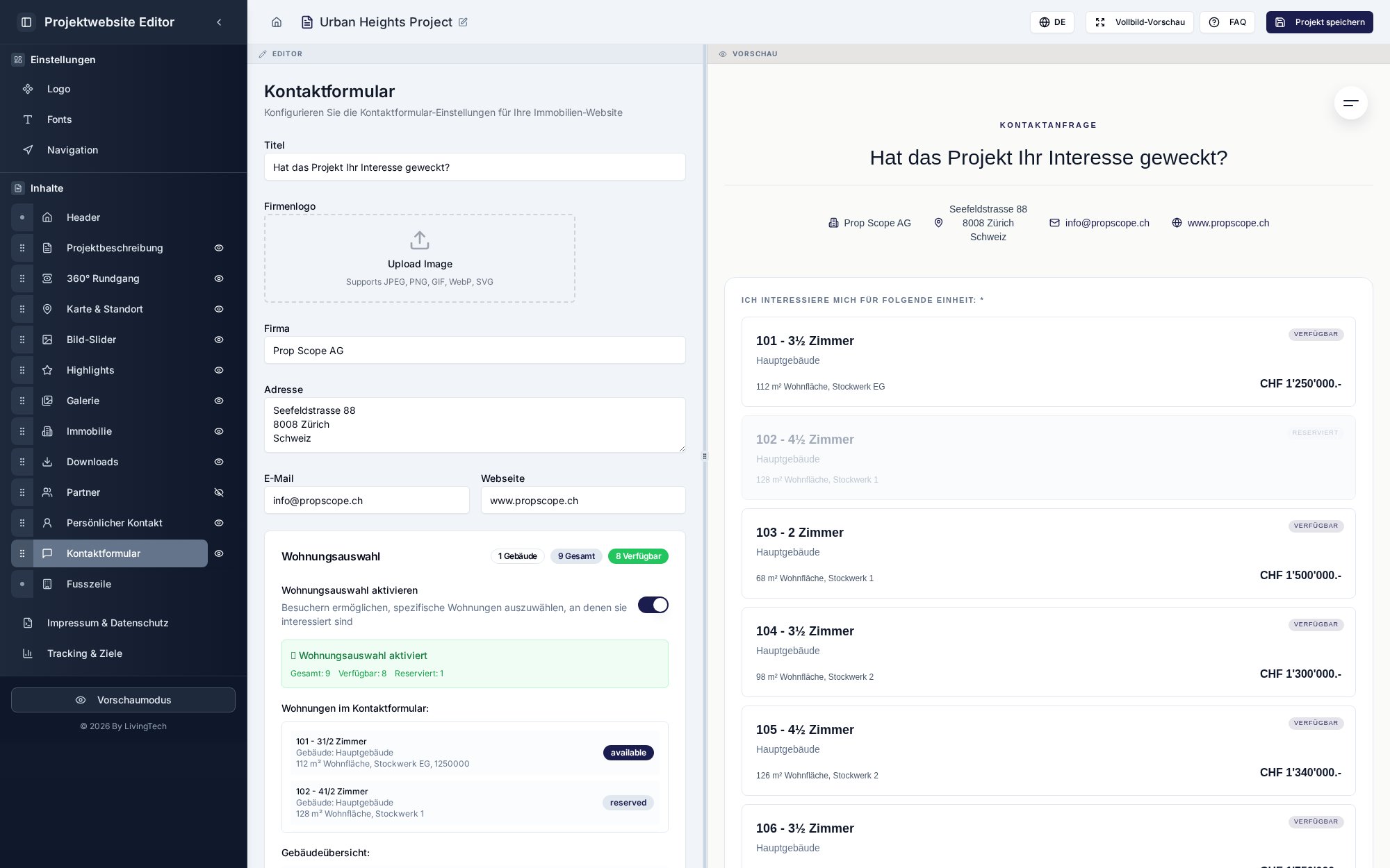 VisionProjects Editor – Kontakt und Lead-Erfassung