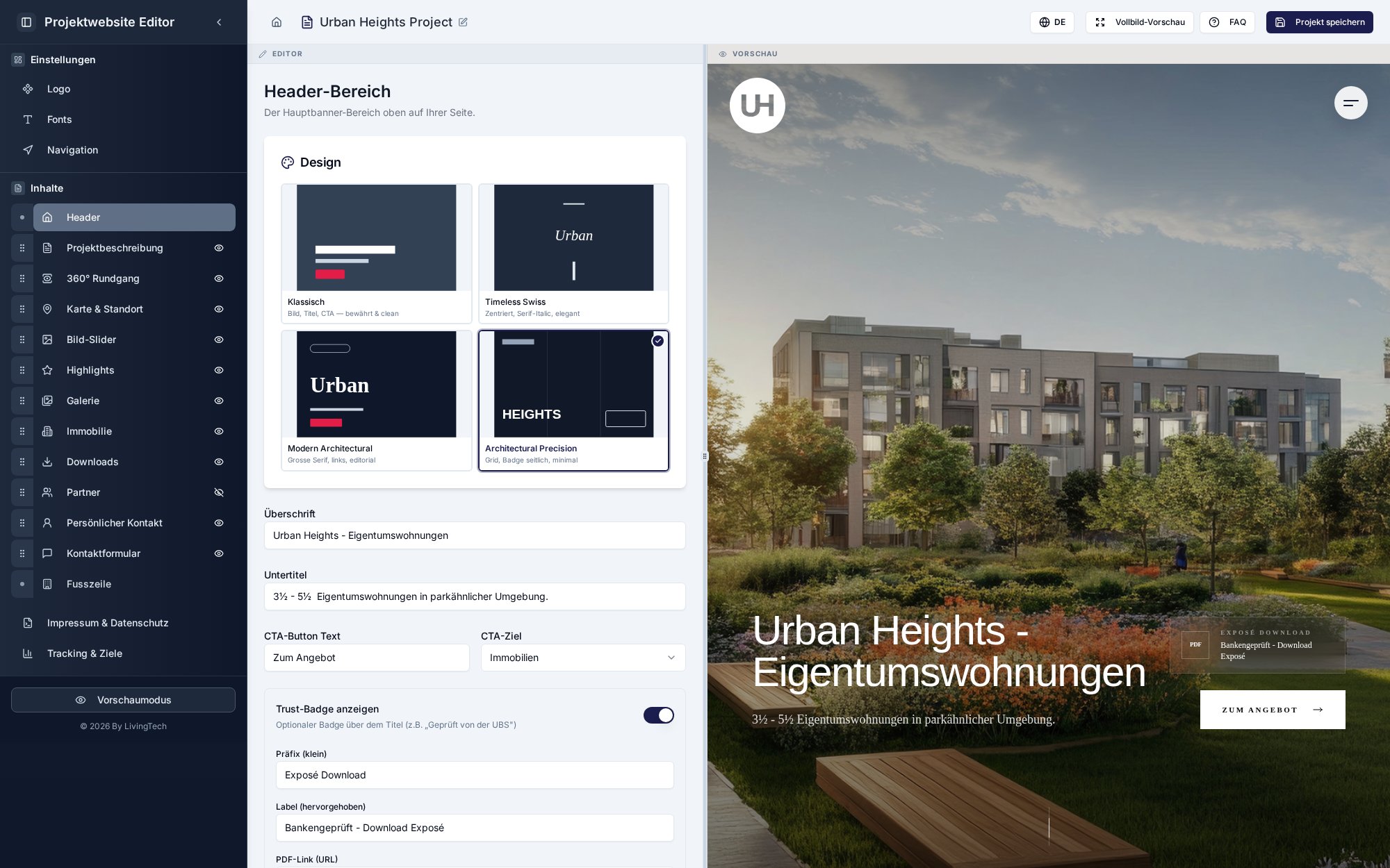 VisionProjects Editor – Header mit Bild oder Video