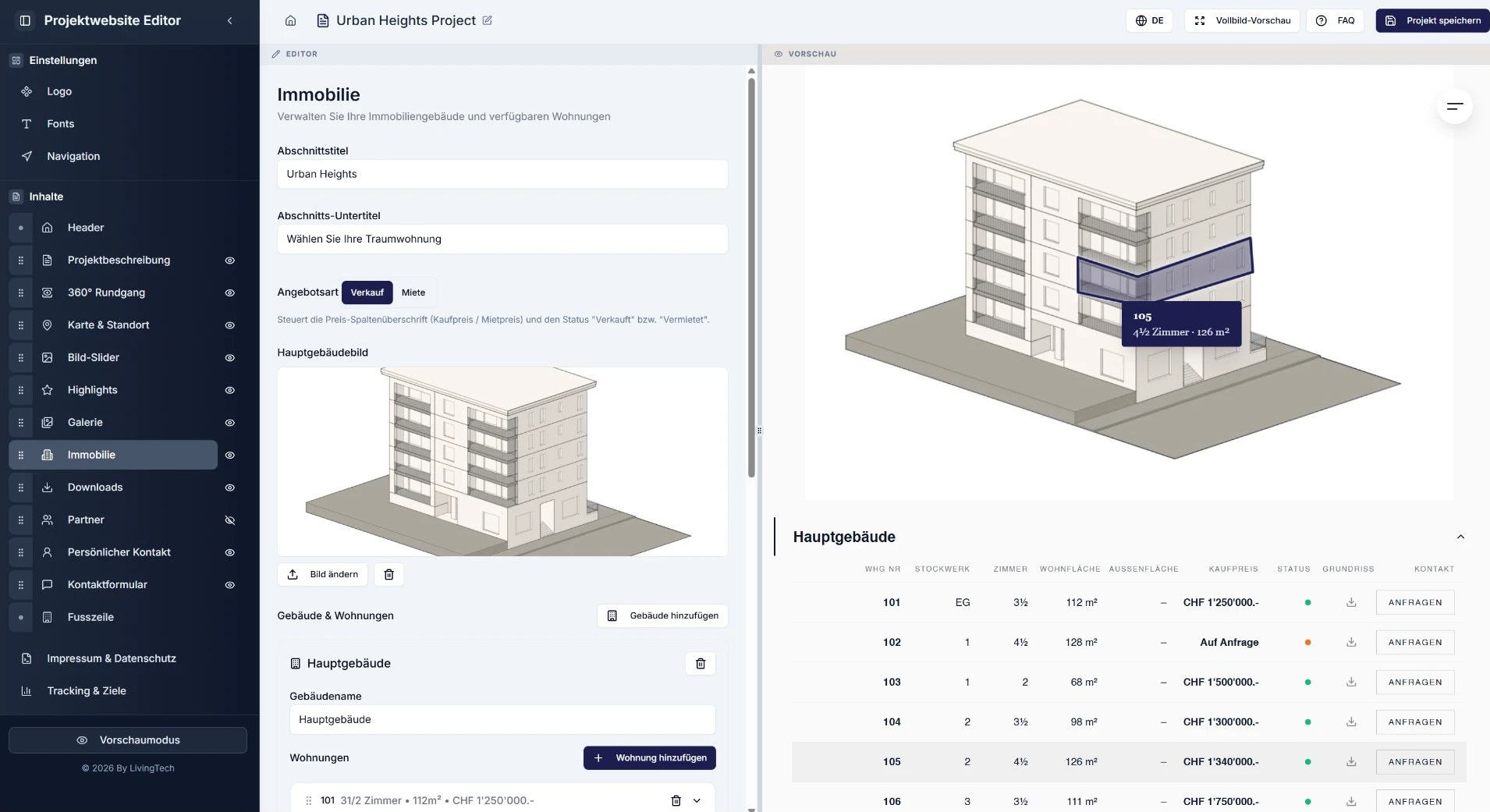 Wohnungsspiegel mit Einheiten, Verfügbarkeit und Preisen im VisionProjects Editor